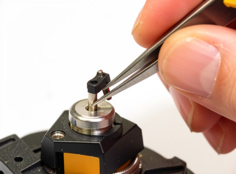 Hand using tweezers to fit a new headshell lead onto a cartridge pin under good light