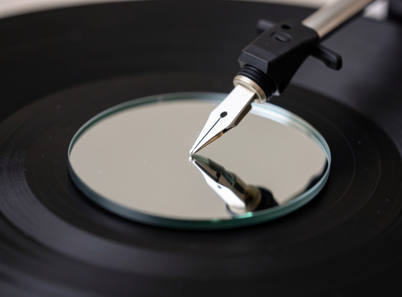 Phono cartridge stylus reflected in a mirror on the platter to check azimuth perpendicularity