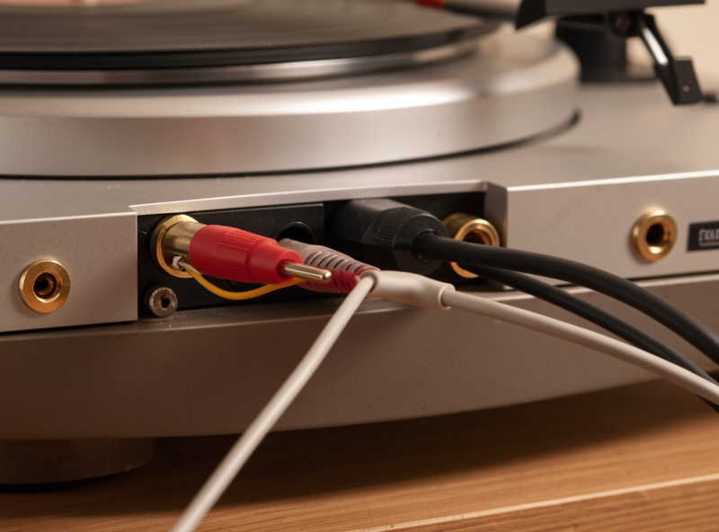 Rear of a turntable with tonearm RCA cables and ground wire connected to a phono stage