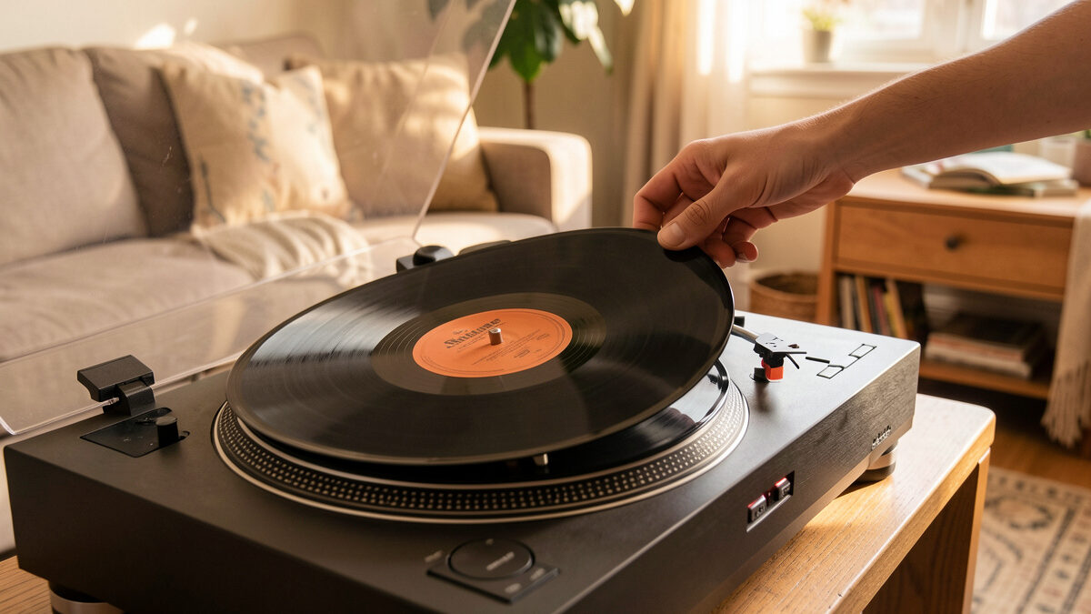 Vinyl record player in a warm living room