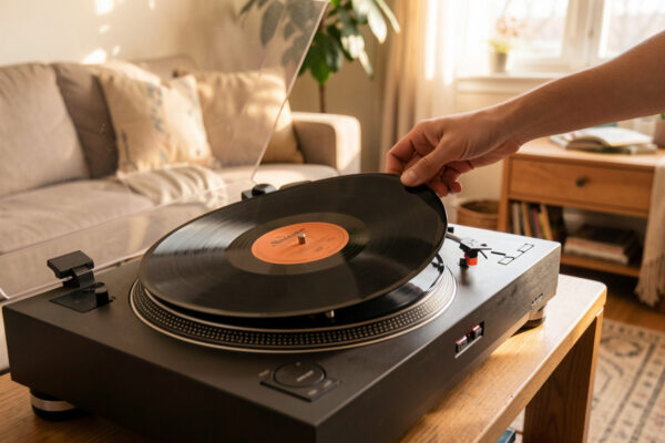 Vinyl record player in a warm living room
