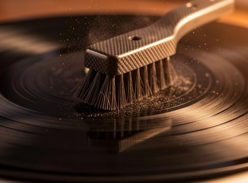 A carbon-fiber brush drawing static and dust off a spinning vinyl record