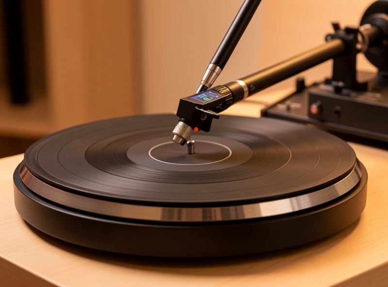 A digital stylus force gauge on a turntable platter measuring tracking force