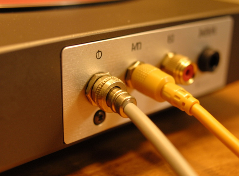 The back of a turntable and phono preamp showing the ground wire and RCA cables