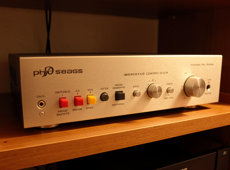A phono stage with switchable gain and loading controls on a hi-fi rack