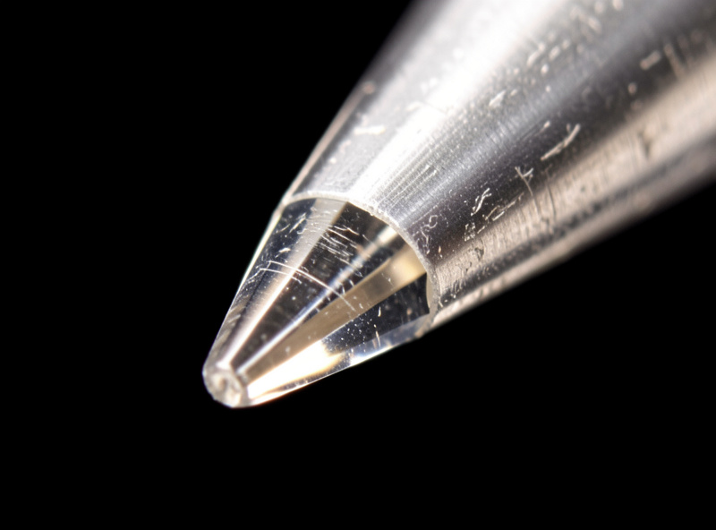 Macro photograph of a nude elliptical phono cartridge stylus tip showing the diamond contact surface