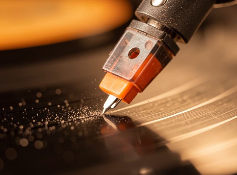 Close-up of a stylus tracking a record groove under warm light, dust visible on the surface
