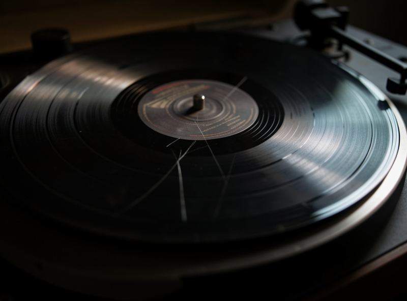 A record on a platter under a raking light revealing a fine radial scratch across the grooves