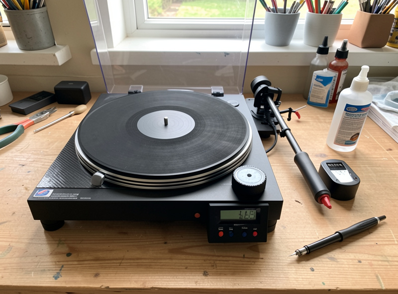 A turntable setup with brush, stylus force gauge and cleaning supplies on the bench